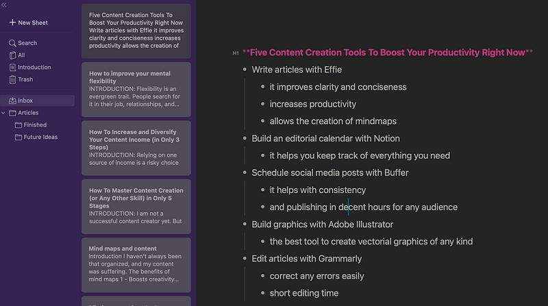 Effie interface showcasing article creation