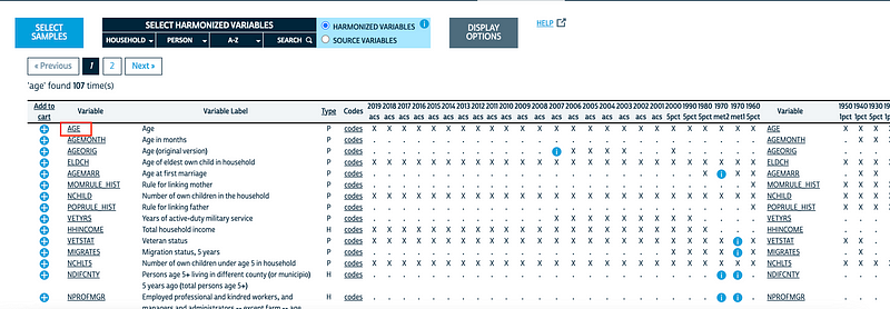 Screenshot of IPUMS website showing age variable