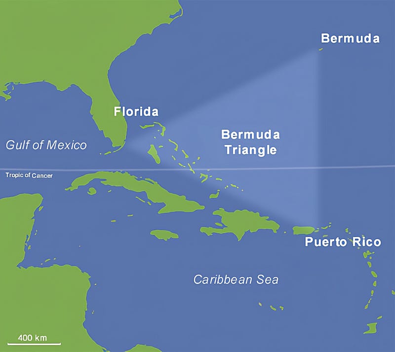 Aerial view of the Bermuda Triangle region.