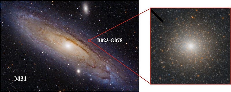 Andromeda Galaxy with star cluster B023-G078 highlighted