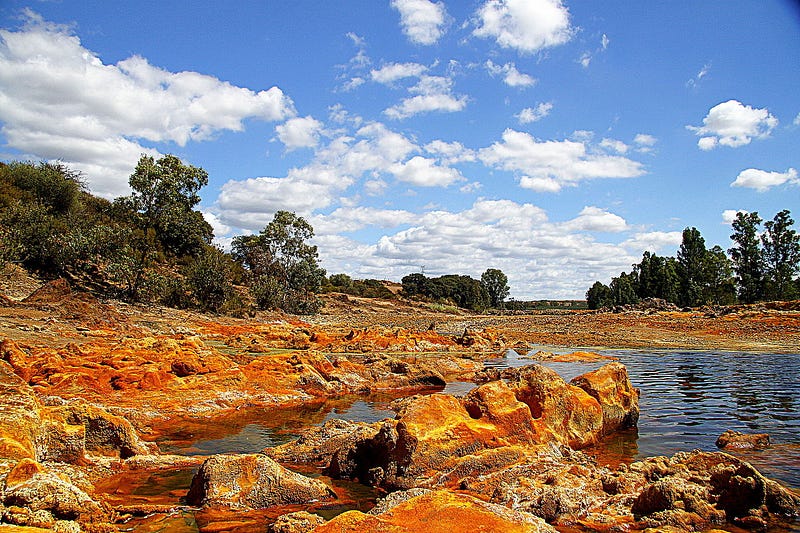 An underwater view of the Rio Tinto showcasing the dark environment.