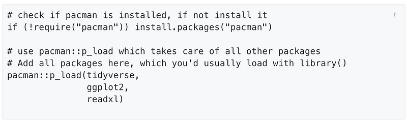 Code snippet for managing R package installation