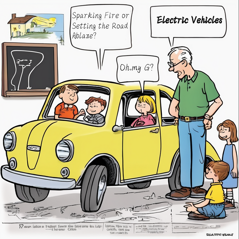 Caricature illustrating electric vehicle safety concerns