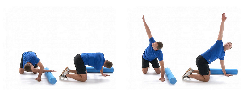 Demonstrating Thread the Needle exercise with foam roller